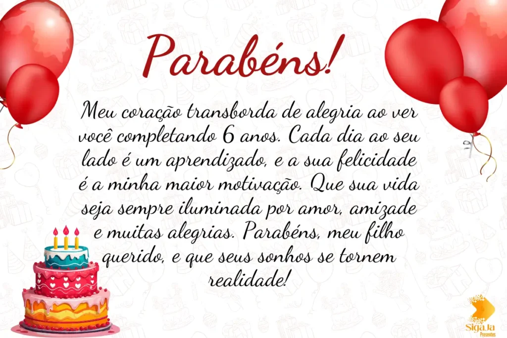 Mensagem de aniversário para filho de 6 anos