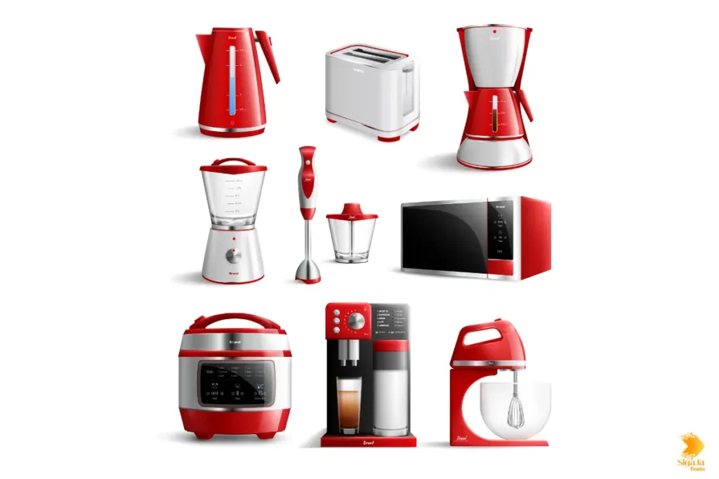 Conjunto de eletrodomésticos vermelhos e brancos, incluindo chaleira elétrica, torradeira, cafeteira, liquidificador, mixer e micro-ondas
